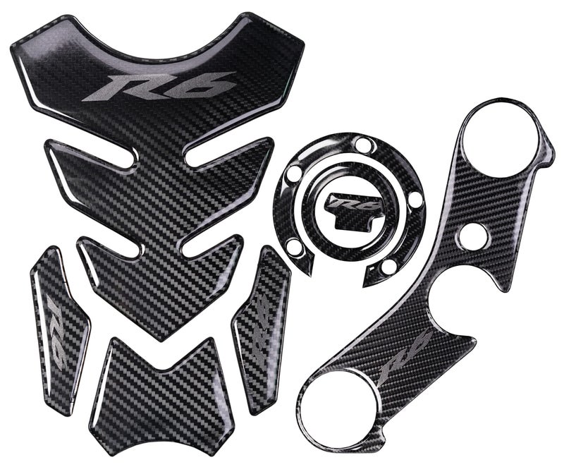 REVSOSTAR Real Carbon Fibre Gas Cap, Triple Tree Front End Upper, Top Clamp Decal Stickers, Tank Pad, Tank Protector for R6, 4 Pcs Per Set(Grey)